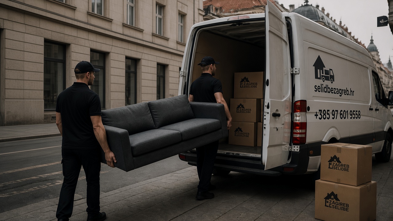 Selidbeni radnici nose kauč i utovaruju kombi na selidbi u Zagrebu